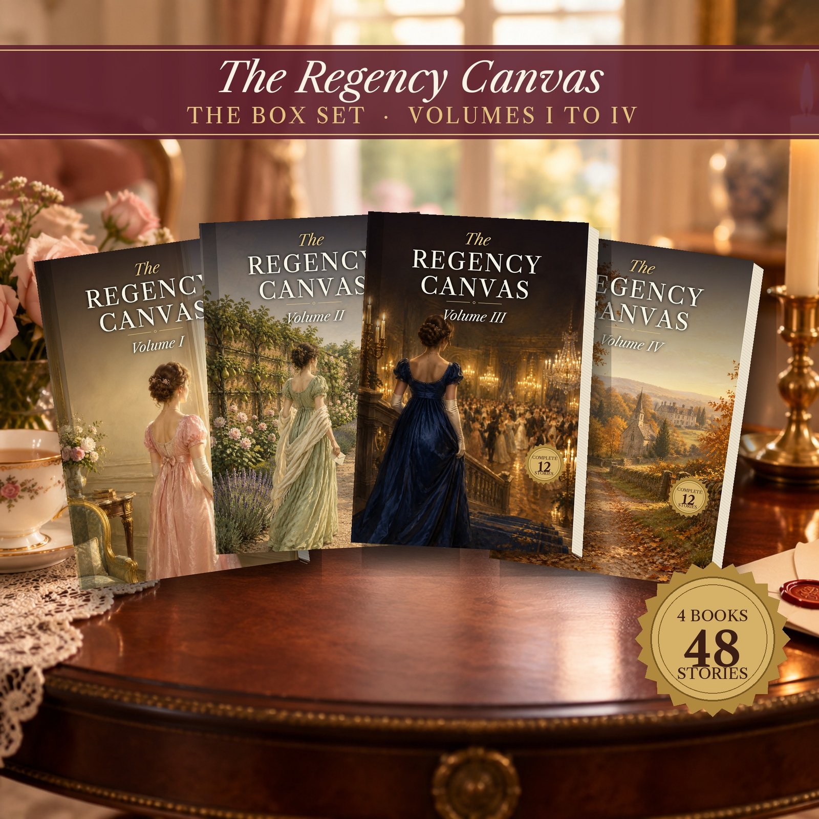 The four volumes of The Regency Canvas, fanned out side by side